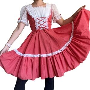 Vintage 80s Red Polka Dot square dancing dress with swing skirt.
